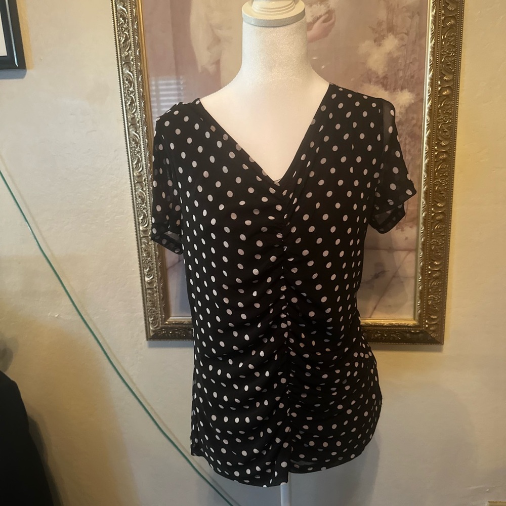 Nine West Black Polka Dot V-Neck Ruched Blouse